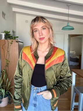 Classic Rock Couture 70s Vintage Style Olive Quilted Satin Bomber Jacket